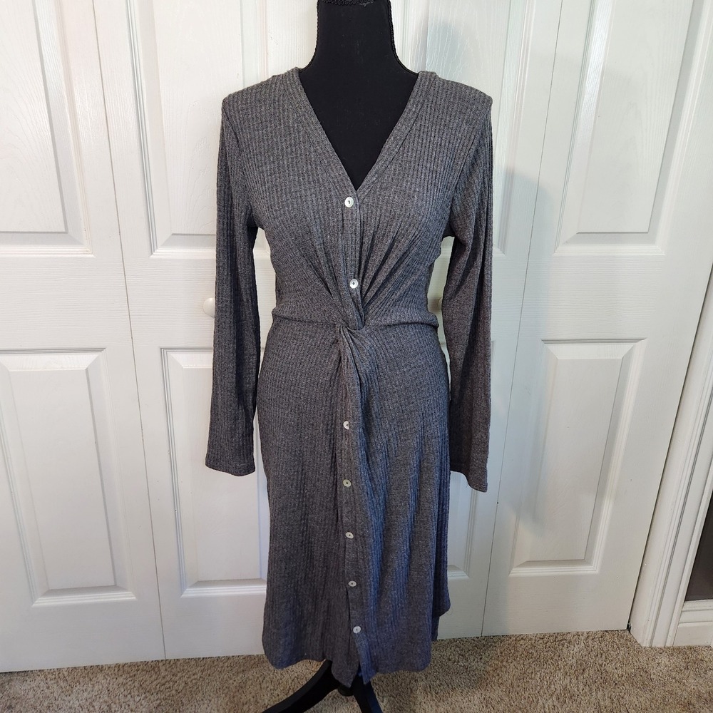 Bluheaven Womens Grey Ribbed Knit Twist Front Button Down Midi Dress SM Soft